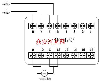 北大青鸟jbf5015/5016气体灭火控制器喷洒启动输出接线示意图